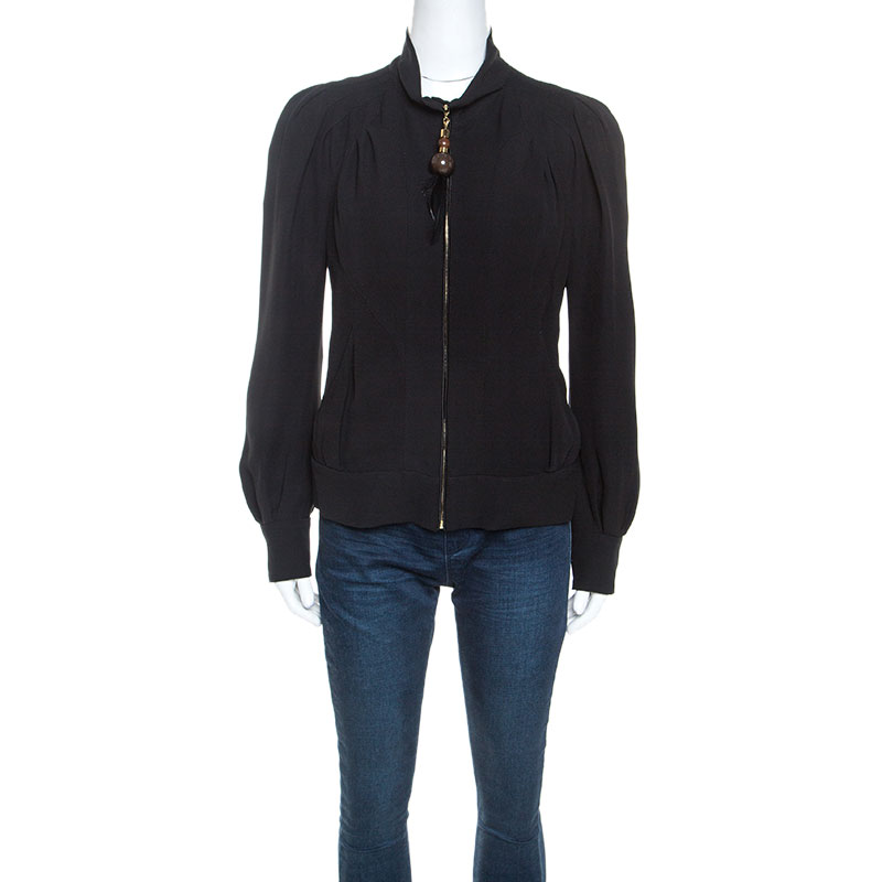 Louis Vuitton Black Silk Crepe Beaded Zip Pull Detail Jacket M