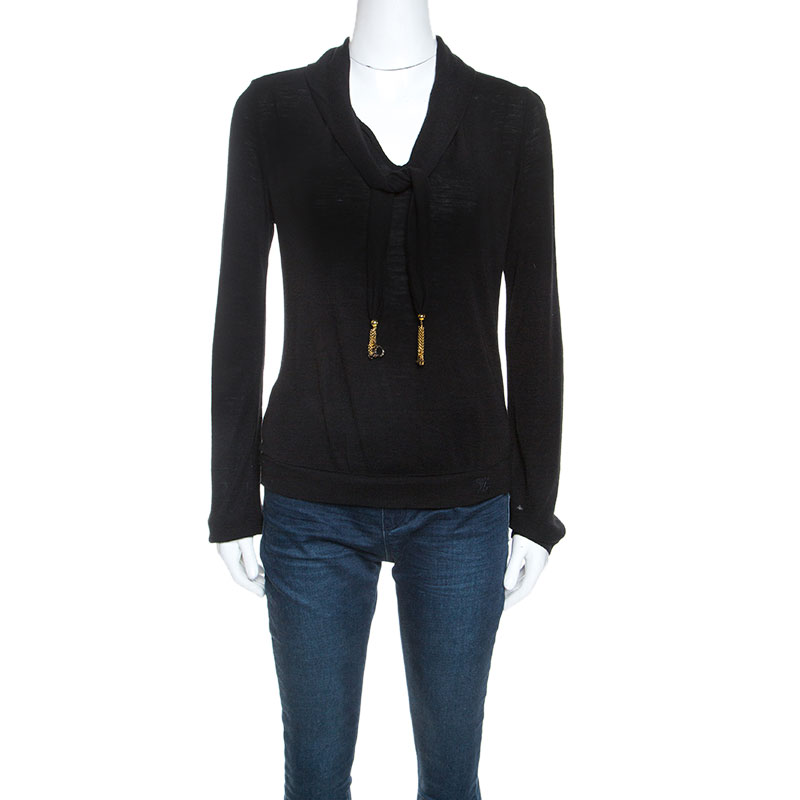 Louis Vuitton Black Wool Tassel Tie Detail Knit Top M