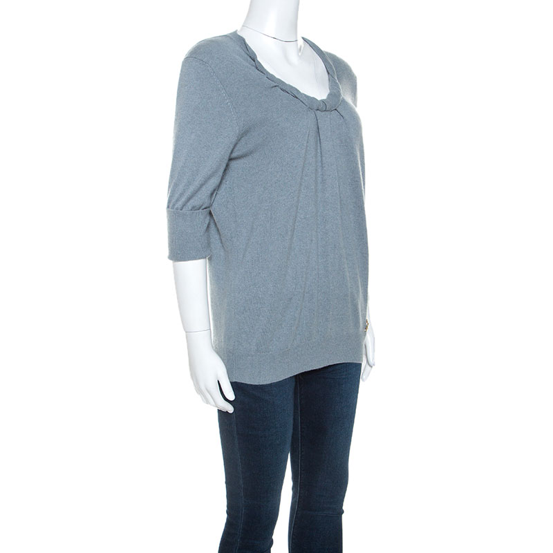 

Louis Vuitton Grey Cashmere Twisted Collar Detail Short Sleeve Sweater