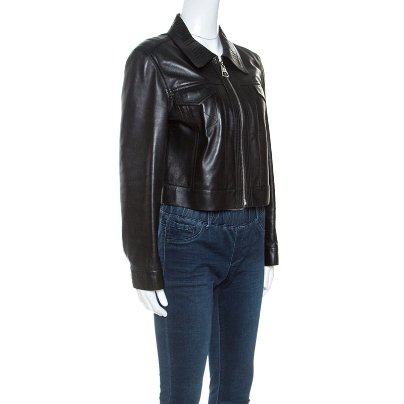 

Louis Vuitton Black Leather Cropped Zip Front Jacket