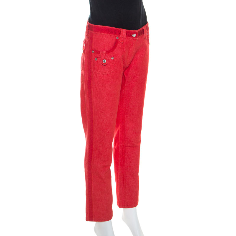 

Louis Vuitton Red Denim Logo Tape Detail Cropped Jeans