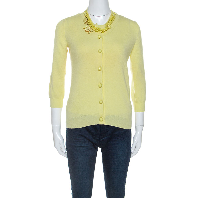 Louis Vuitton Yellow Cashmere Knit Chain Detail Top Cardigan Set S