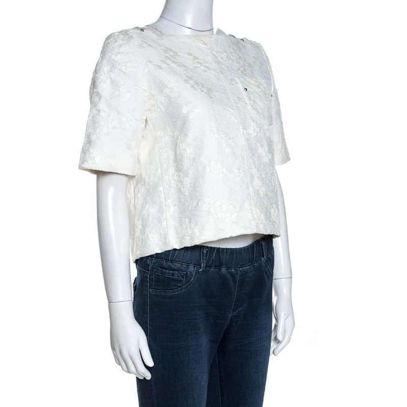 

Louis Vuitton White Embossed Jacquard Button Detail Blouse