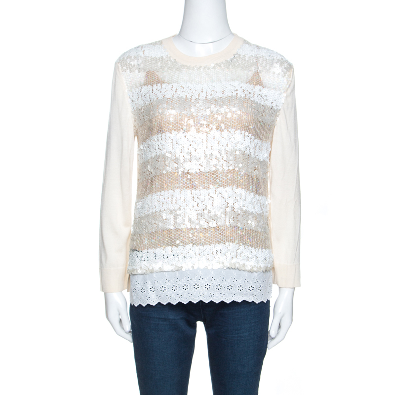 Louis Vuitton Cream Wool Blend Sequin Embellished Top M