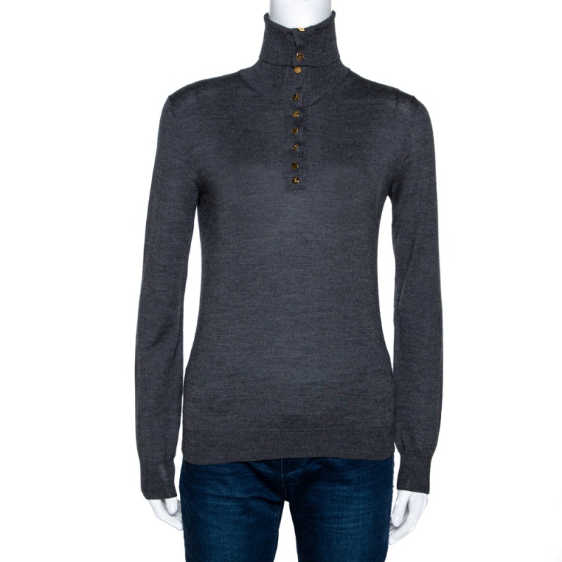 Louis Vuitton Grey Cashmere Wool Blend Monogram Button Detail Top S