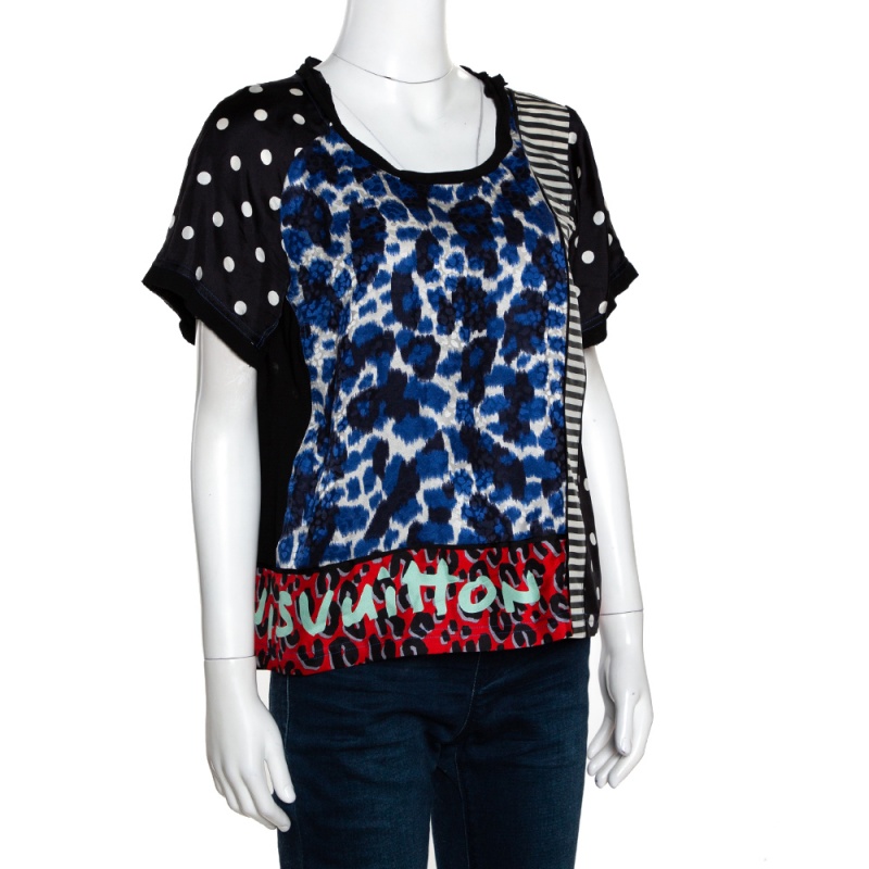 

Louis Vuitton Multicolor Silk Twill & Jersey Trim Patch Print Top