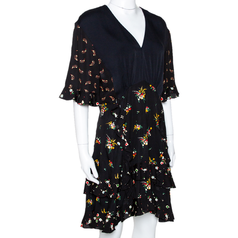 

Louis Vuitton Black Floral Print Crepe Ruffled Dress