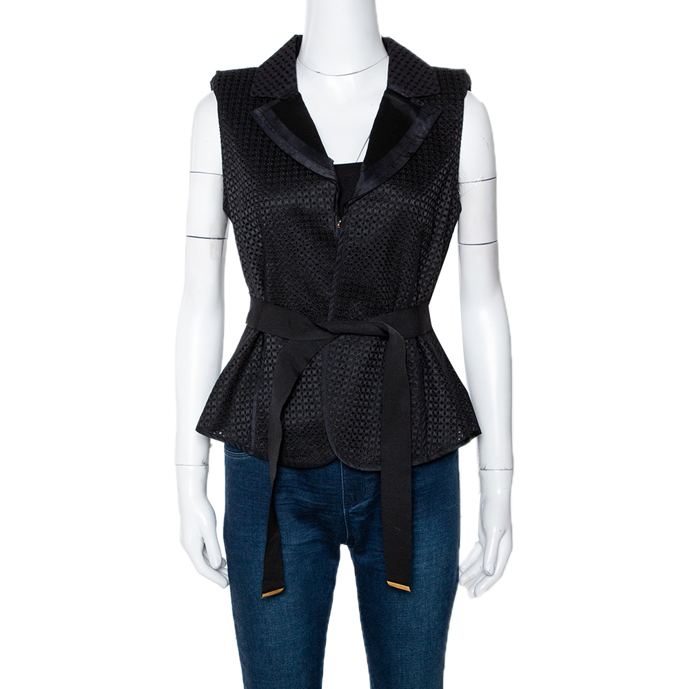 Pre Owned Louis Vuitton Black Silk & Cotton Lace Belted Vest Jacket M