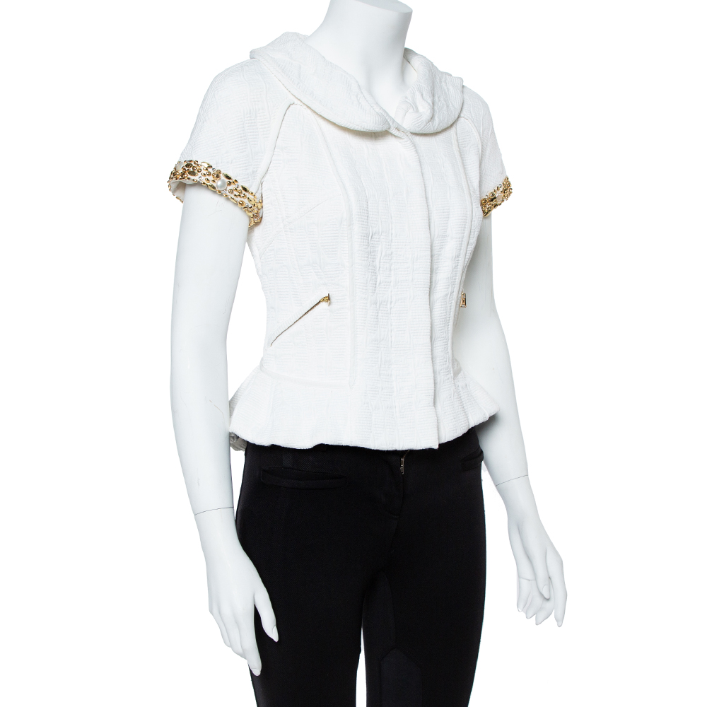 

Louis Vuitton White Cotton Blend Jewel and Pearl Embellished Short Sleeve Jacket