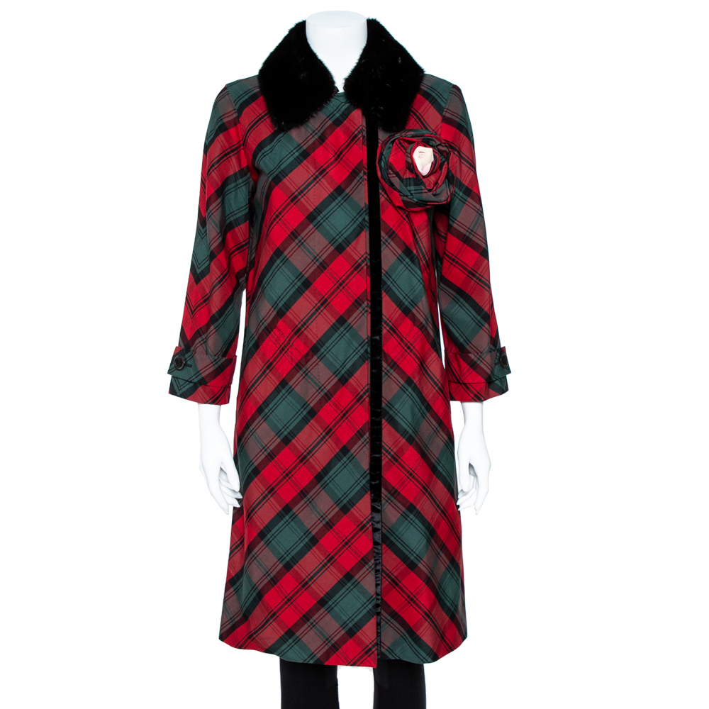 Louis Vuitton Red Tartan Check Detachable Mink Collar Coat M
