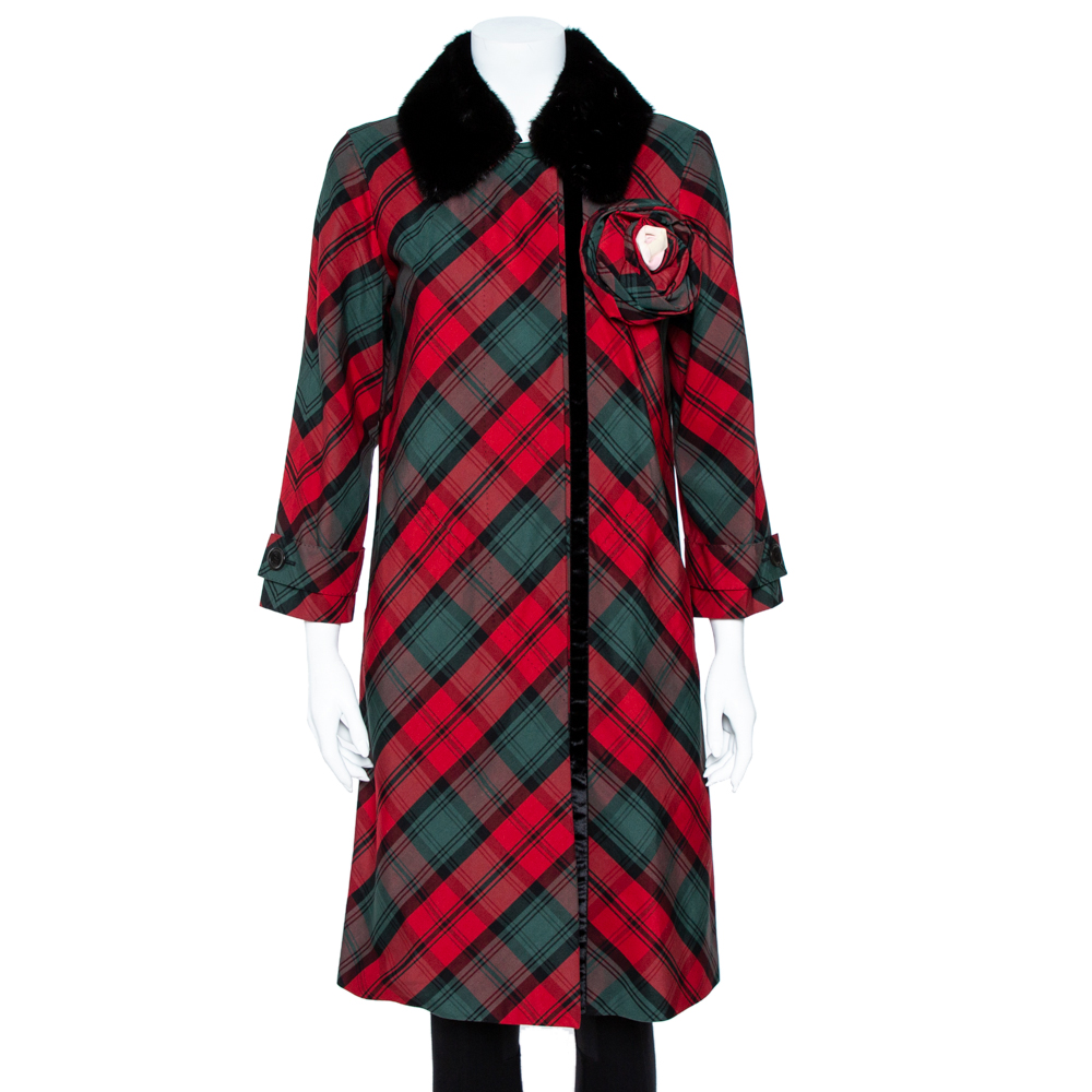 Pre Owned Louis Vuitton Red Tartan Check Detachable Mink Collar Coat M