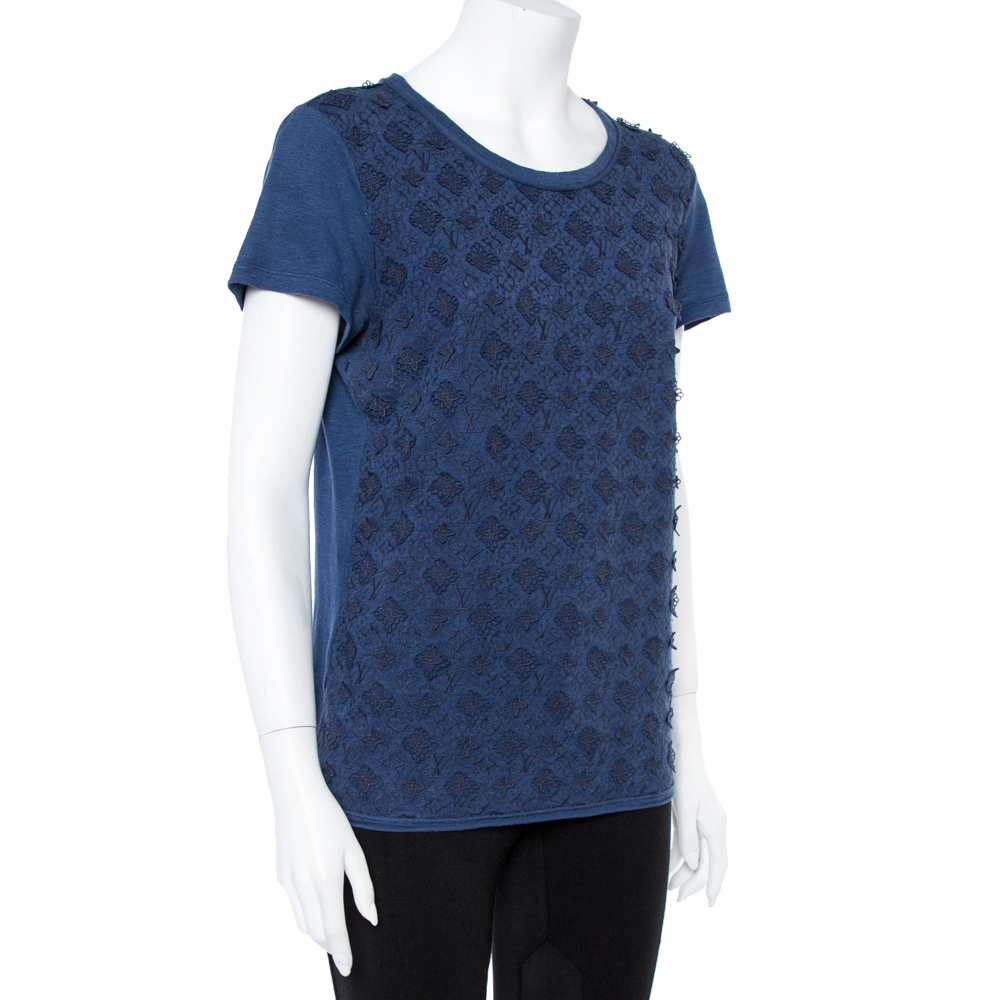 

Louis Vuitton Navy Blue Linen Monogram Embroidered Top