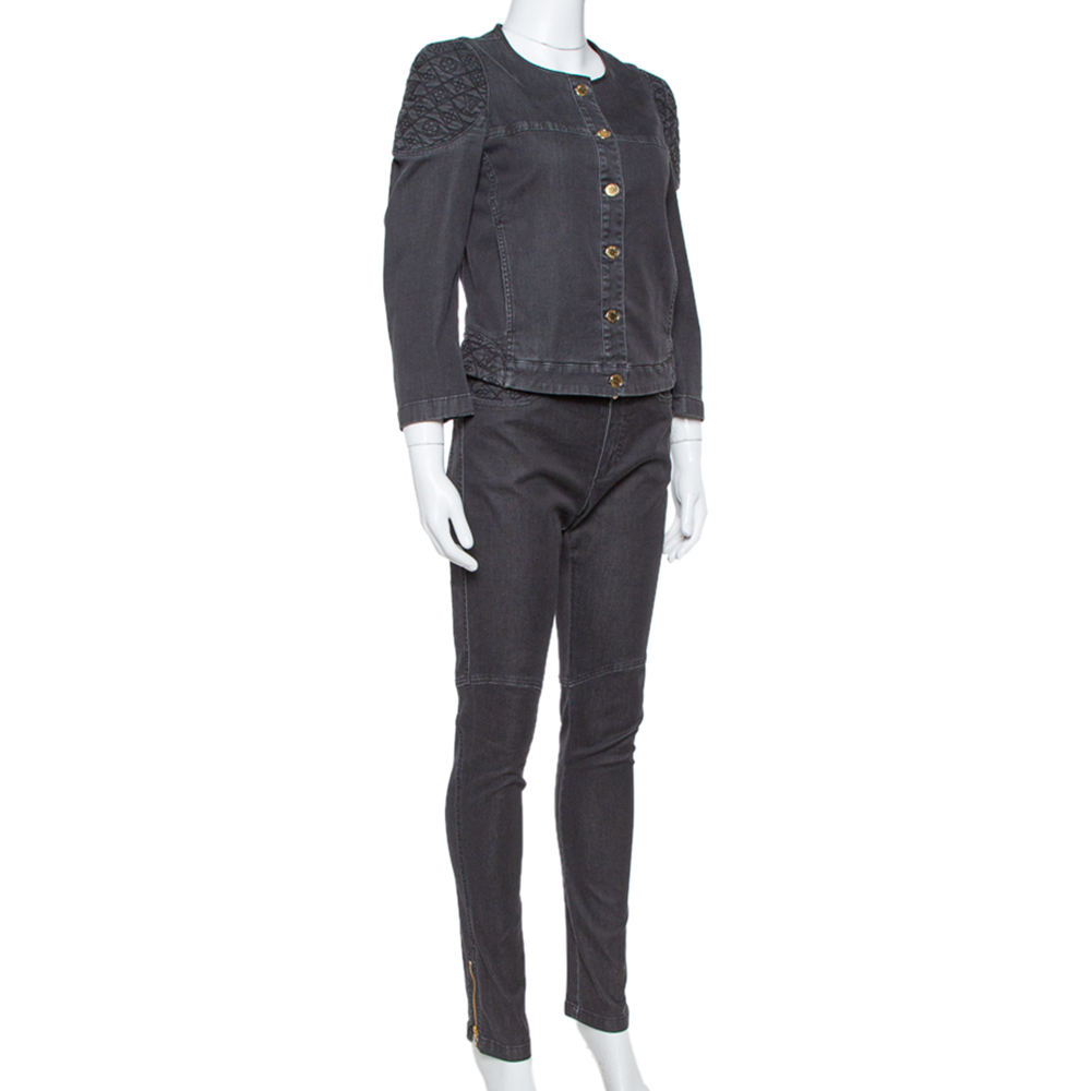 

Louis Vuitton Black Denim Quilt Detail Button Front Top & Pants Set