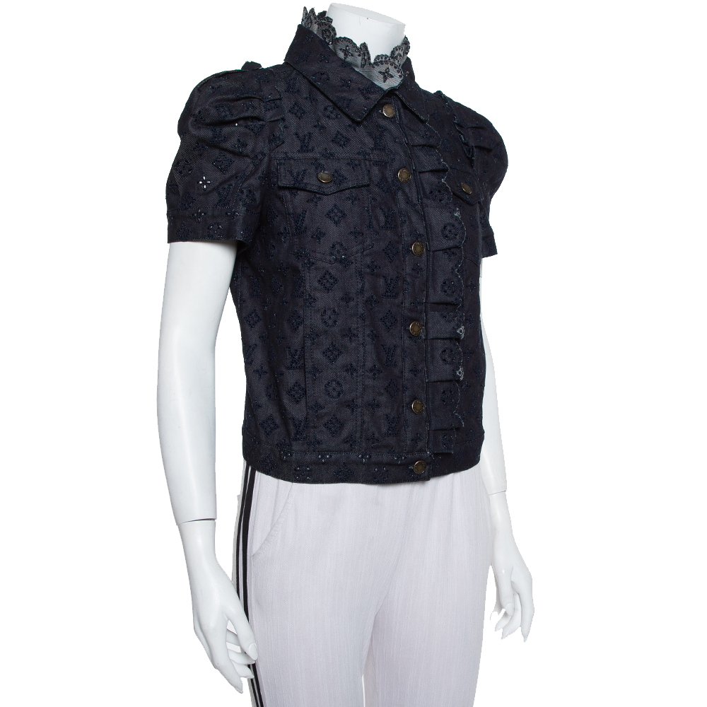 

Louis Vuitton Indigo Monogram Eyelet Embroidered Denim Short Sleeve Shirt, Blue