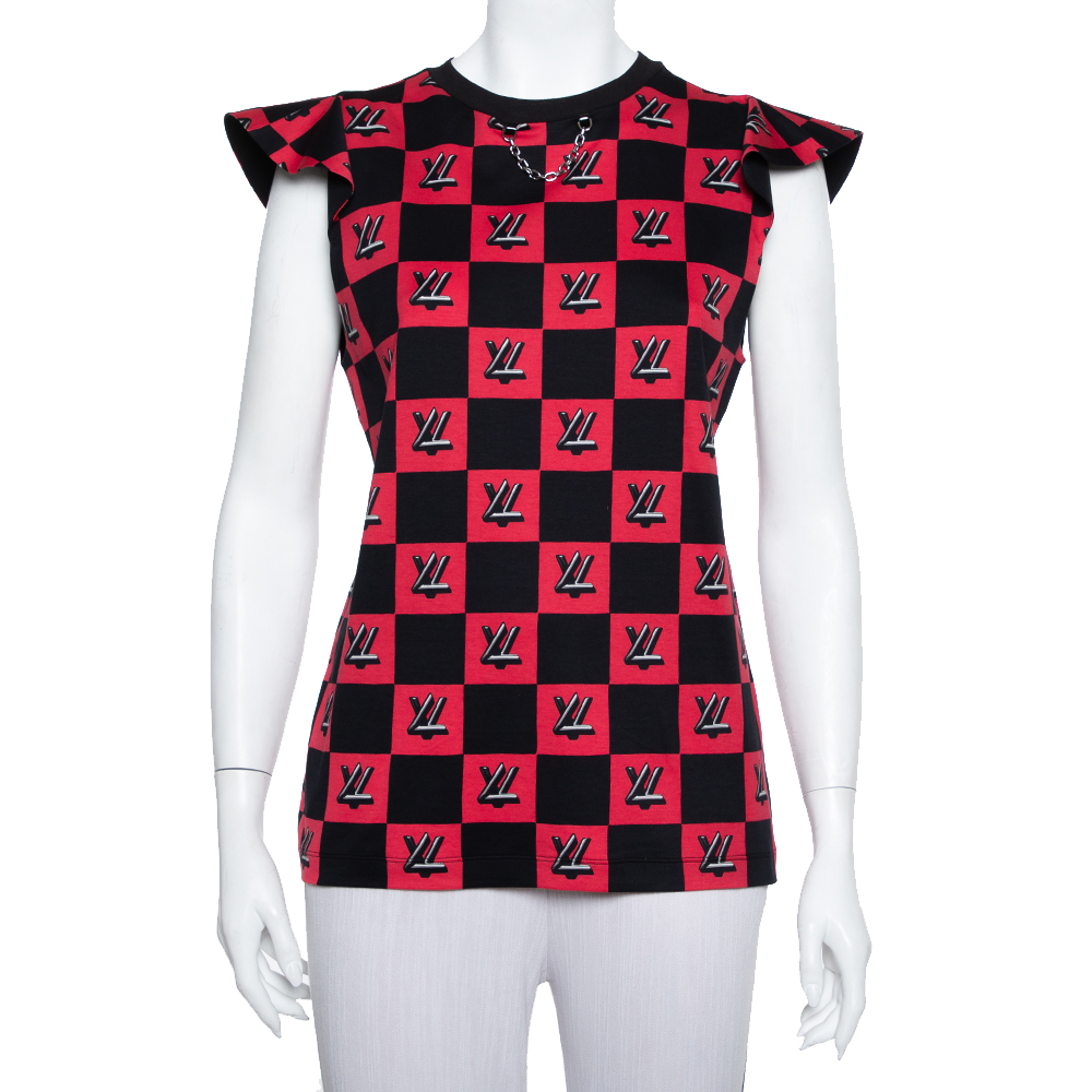 Pre-owned Louis Vuitton Black & Pink Logo Checkered Knit Sleeveless Top M