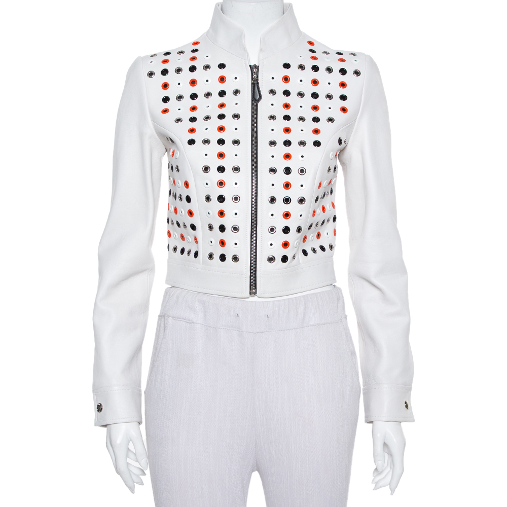 Pre-owned Louis Vuitton Ivory Leather Eyelet Detail Cropped Biker Jacket S In White