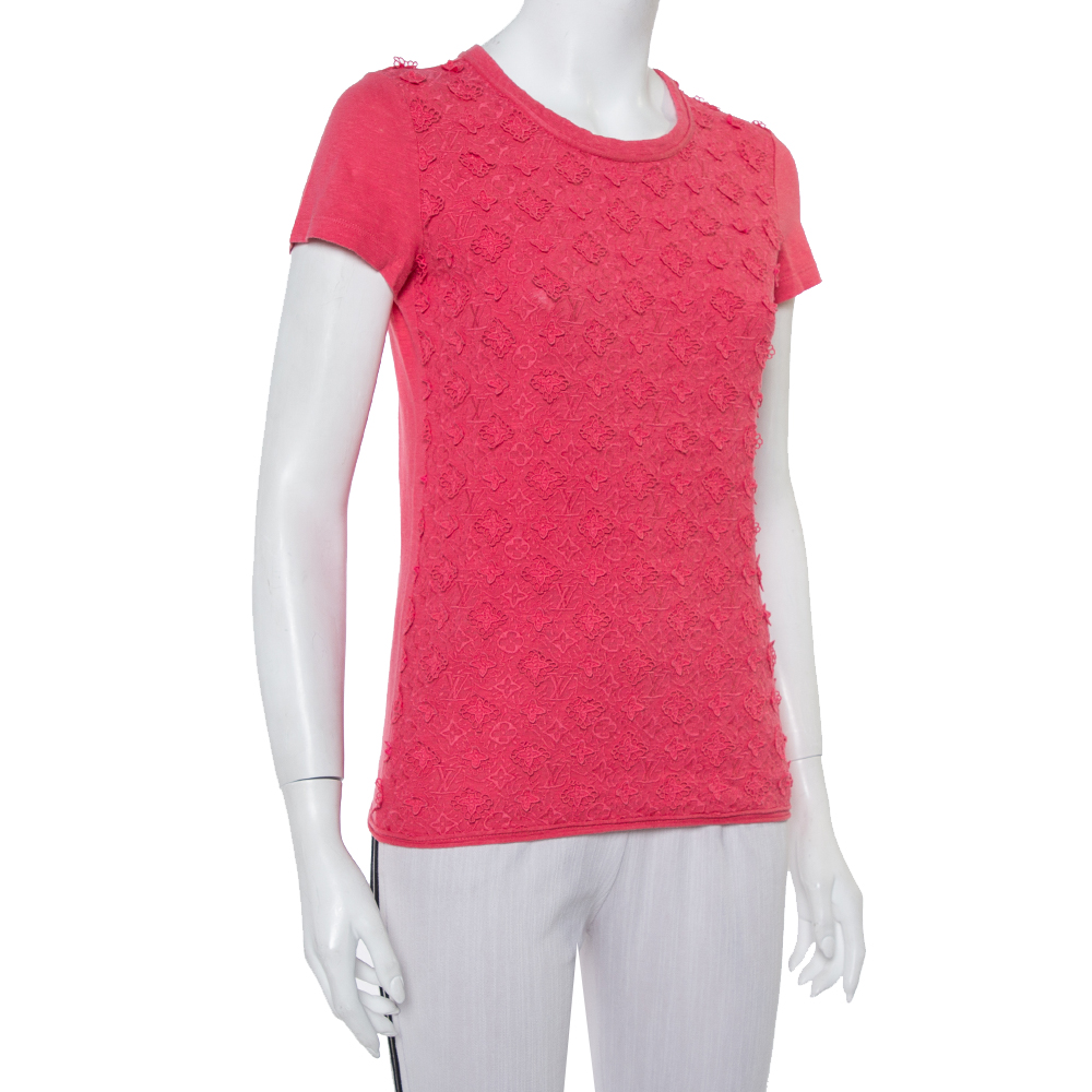 

Louis Vuitton Pink Logo Embroidered Knit Applique Detail Top