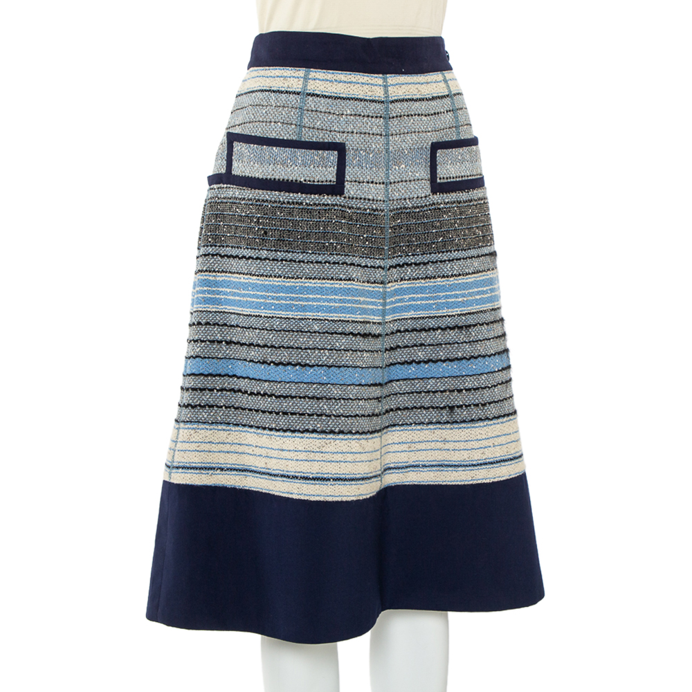 

Louis Vuitton Navy Blue Striped Wool Tweed Knee Length Skirt