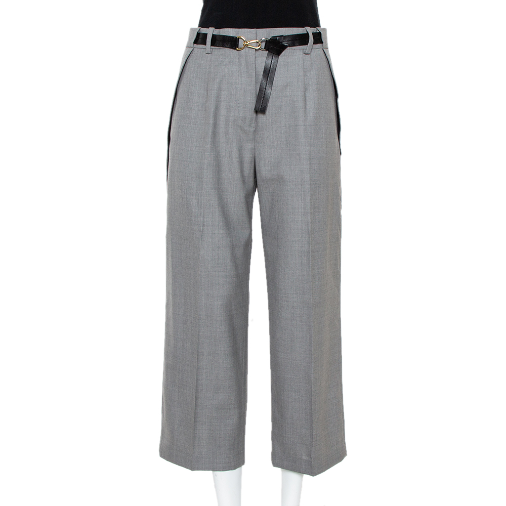 Pre-owned Louis Vuitton Grey Wool Pocket Overlap Detail Belted Cropped Trousers S