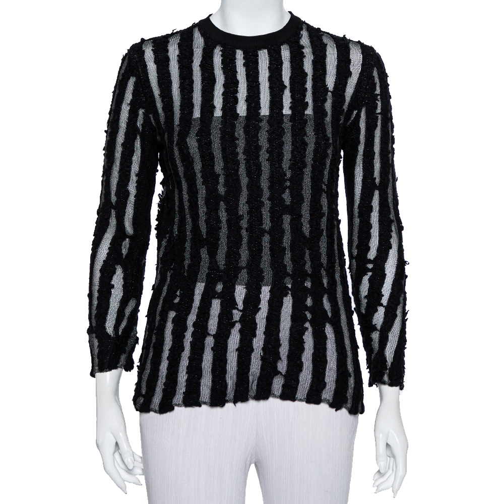 Pre-owned Louis Vuitton Black Wool & Mesh Striped Crewneck Sweater M