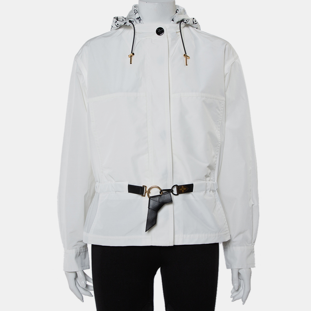 Pre-owned Louis Vuitton White Synthetic Logo Printed Hood Detail Belted Parka Jacket M