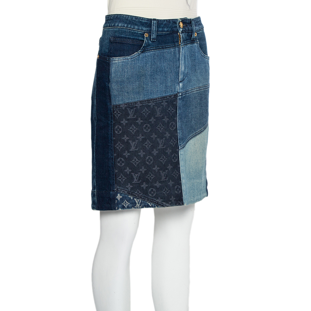 

Louis Vuitton Indigo Colorblock Denim Monogrammed Patchwork Skirt, Blue