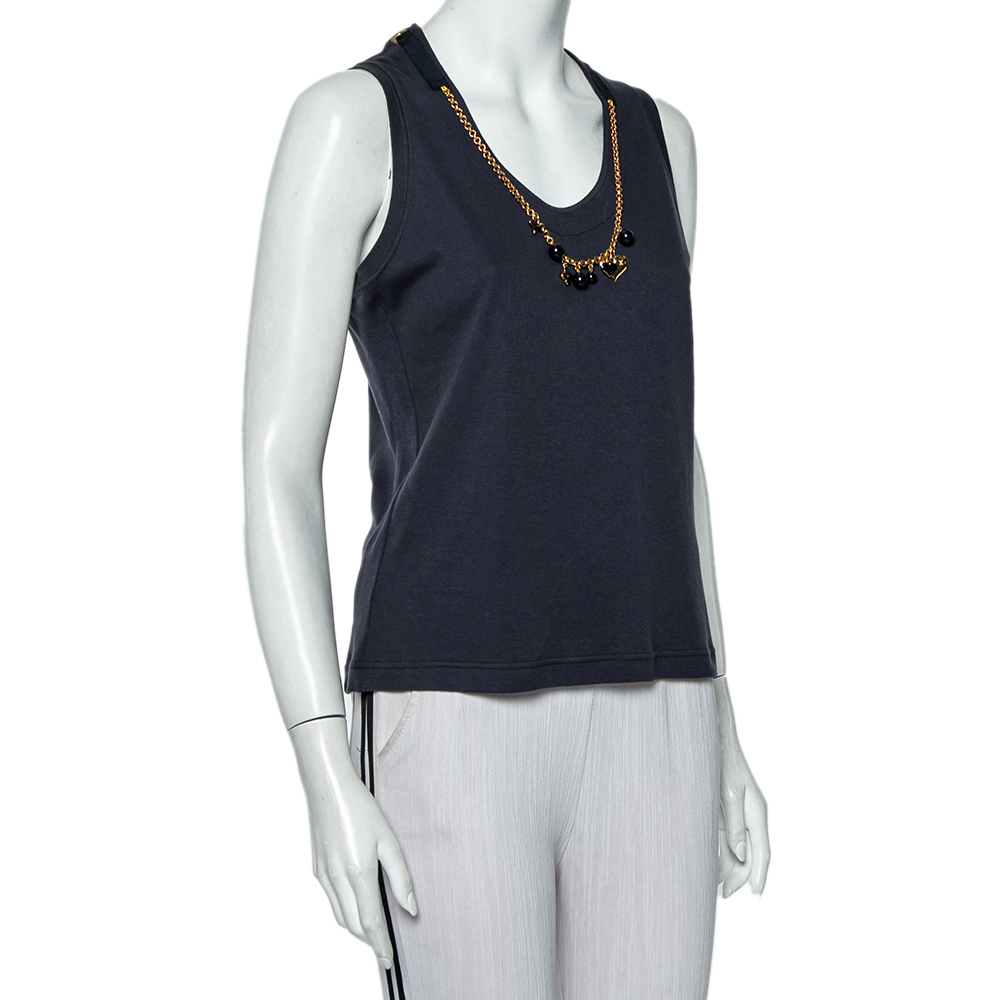 

Louis Vuitton Navy Blue Cotton Knit Neck Charm Detail Tank Top