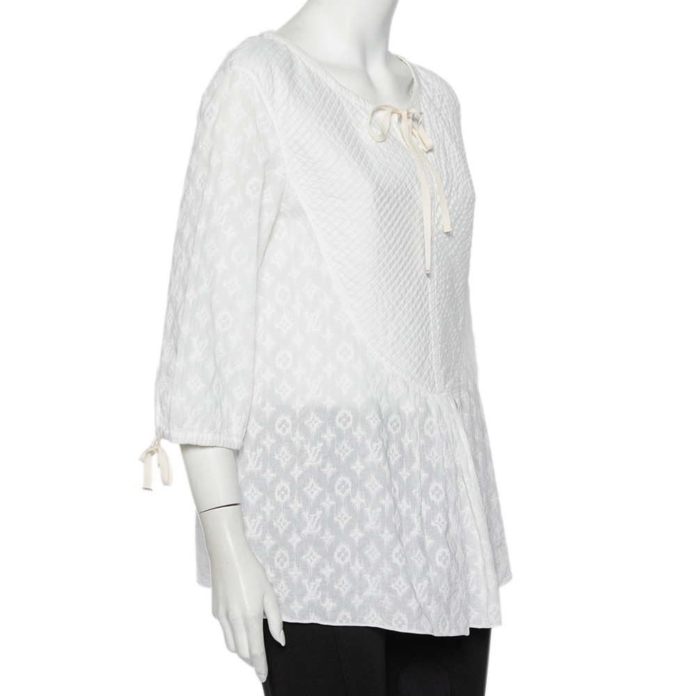 

Louis Vuitton White Embroidered Cotton Paneled Neck Tie Detail Top