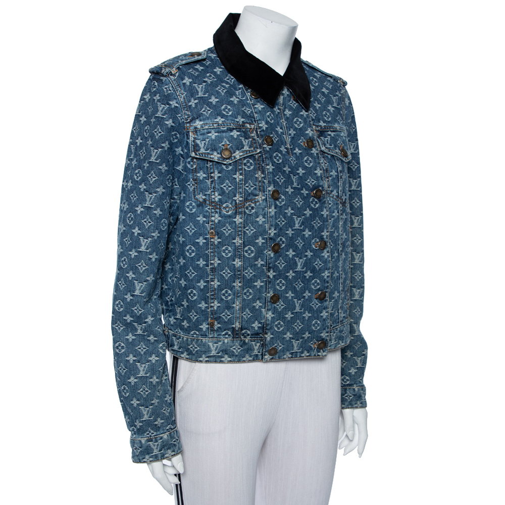 

Louis Vuitton Blue Logo Monogram Denim Contrast Collar Detail Jacket