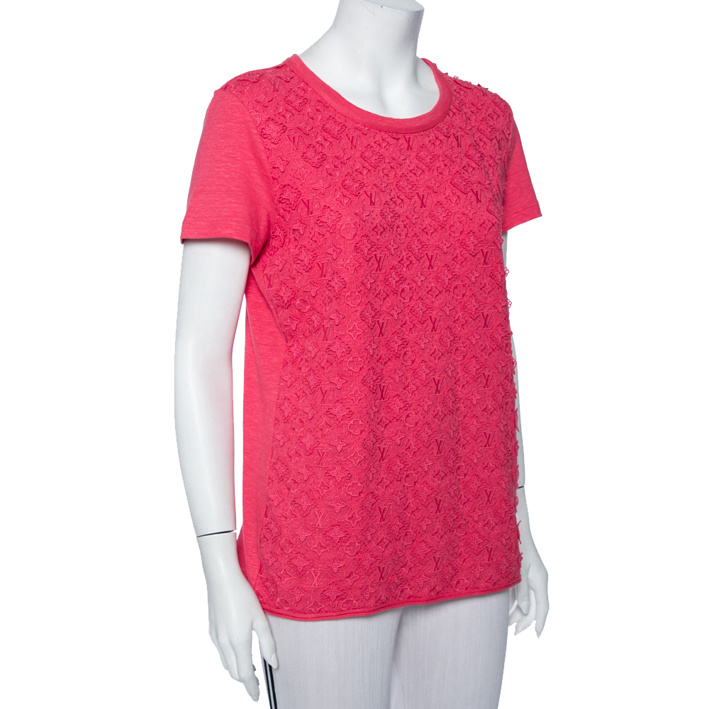 

Louis Vuitton Pink Logo Embroidered Linen Applique Detail T-Shirt