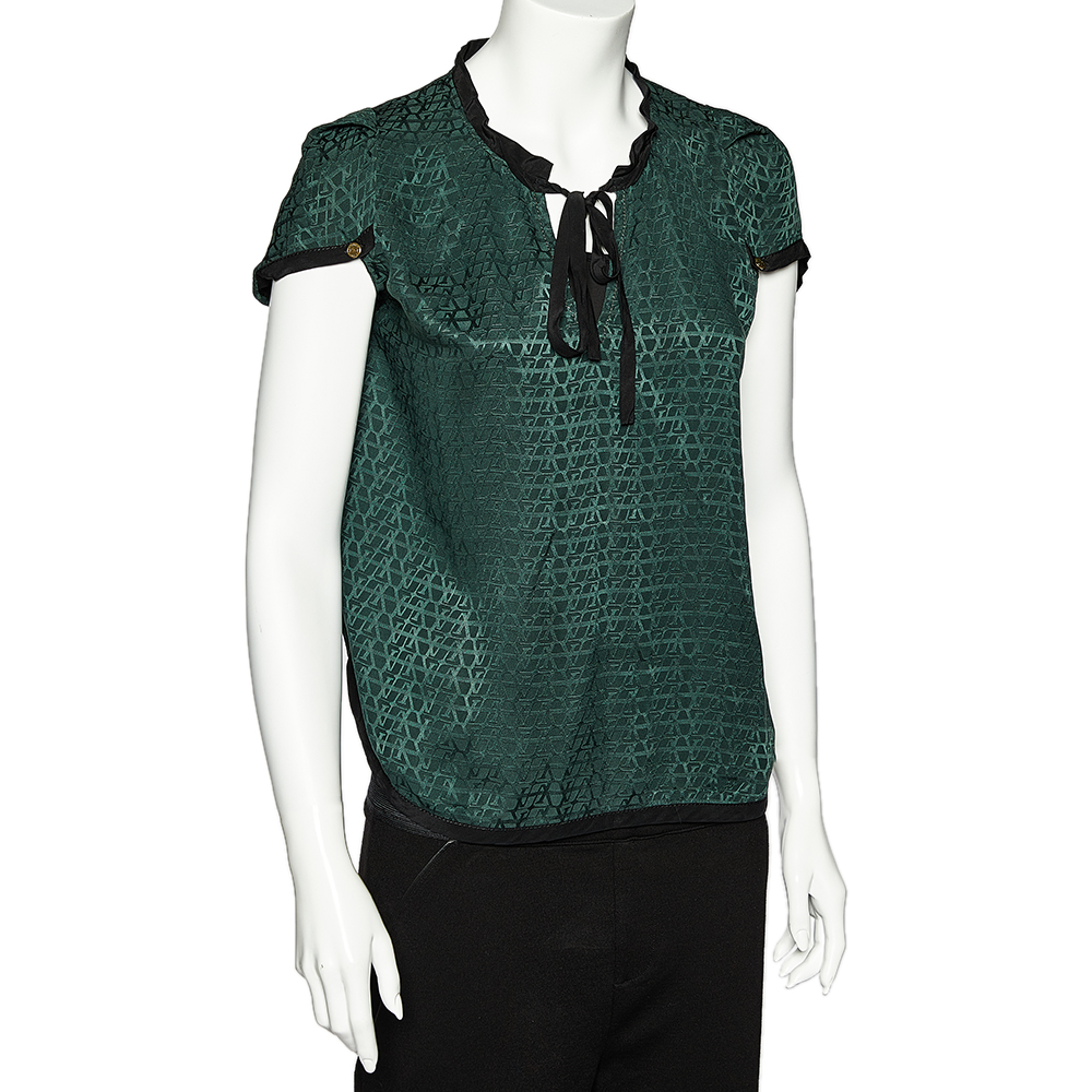 

Louis Vuitton Green Logo Print Silk Tie Neck Blouse