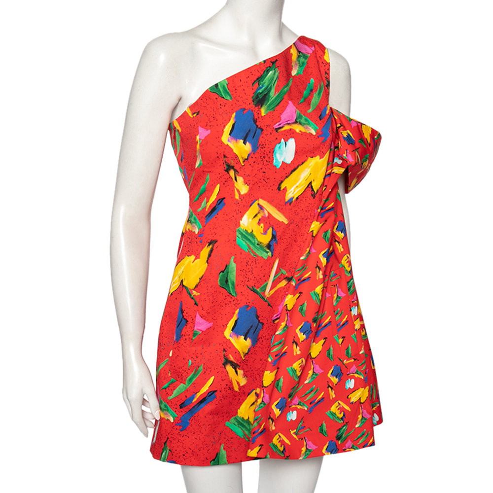 

Louis Vuitton Red Printed One-Shoulder Billowed Sleeve Detailed Mini Dress S