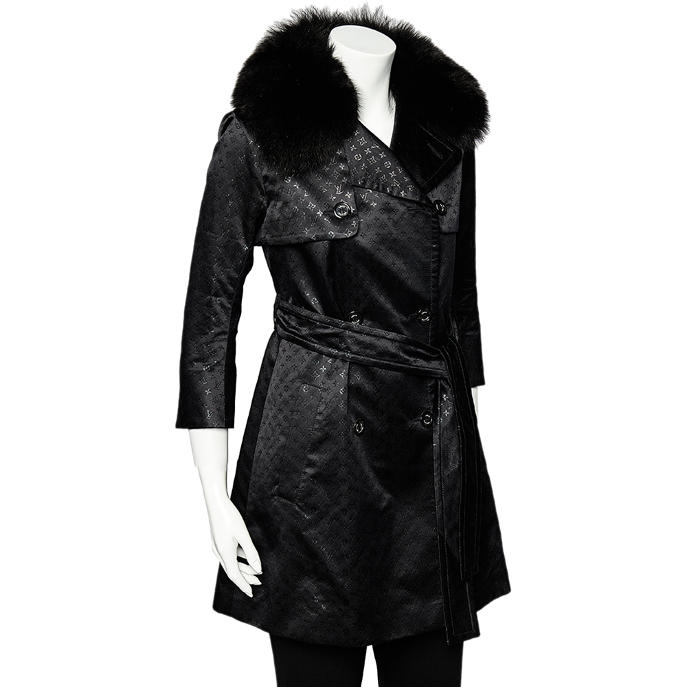 

Louis Vuitton Black Logo Monogram Lurex Silk Fur Collar Belted Trench Coat