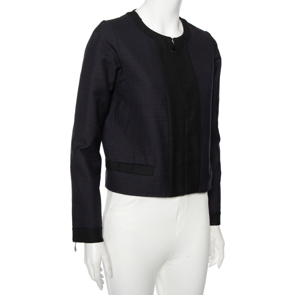 

Louis Vuitton Navy Blue Checkered Wool Contrast Trim Zip Front Collarless Jacket