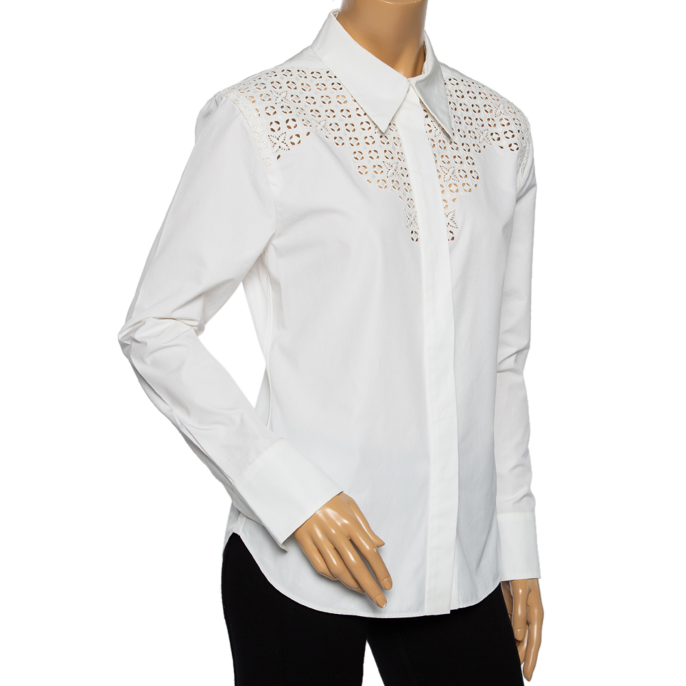 

Louis Vuitton White Cotton & Eyelet Embroidered Yolk Detailed Button Front Shirt, Yellow