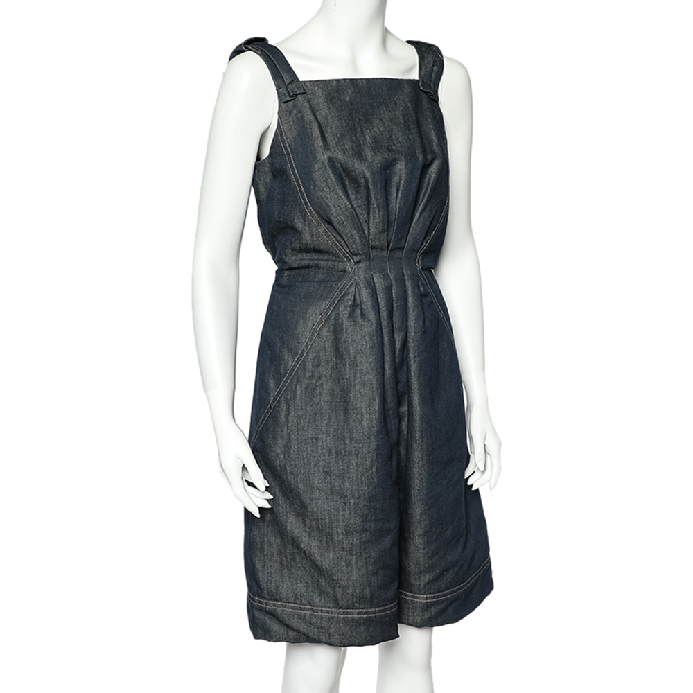 

Louis Vuitton Blue Denim Ribbon Sleeve Detailed Gathered Short Dress