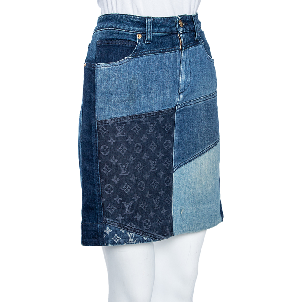 

Louis Vuitton Indigo Colorblock Denim Monogrammed Patchwork Skirt, Blue