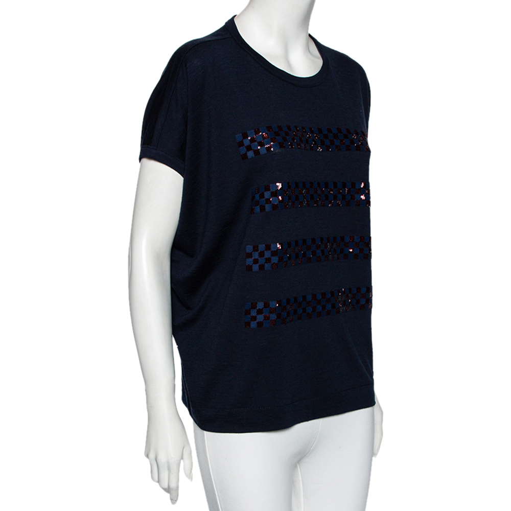 

Louis Vuitton Navy Blue Wool Sequin Embellished Oversized Top