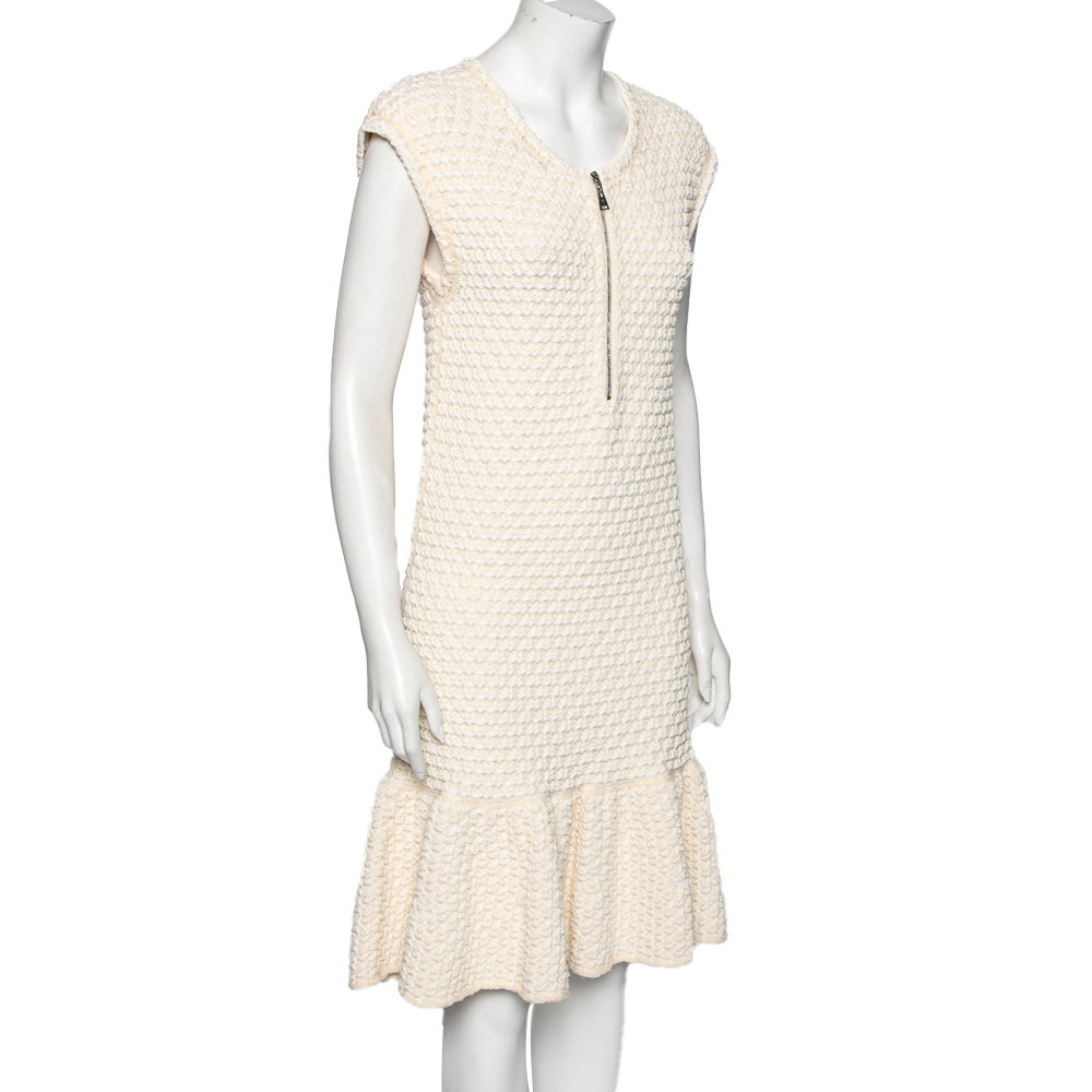 

Louis Vuitton Cream Cotton Knit Front Zip Flared Hem Dress