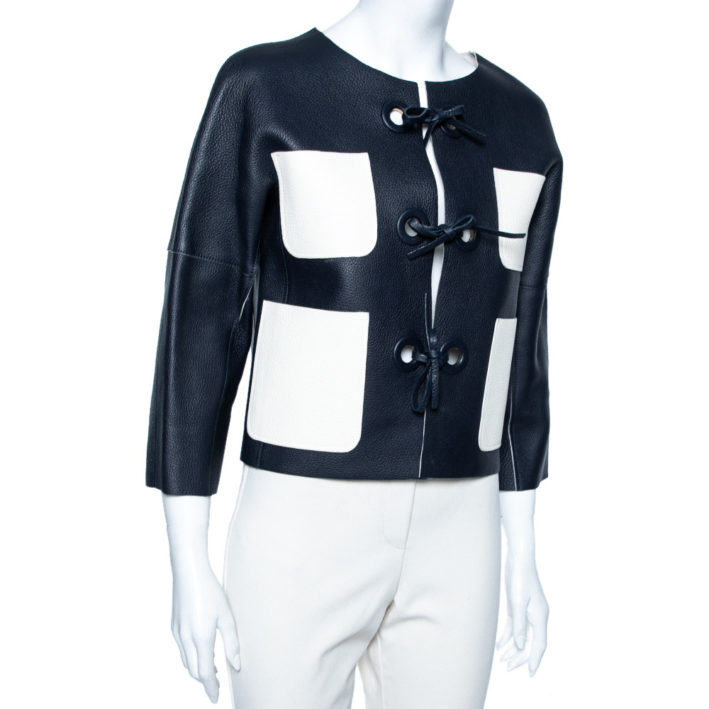 

Louis Vuitton Navy Blue & White Leather Tie Front Jacket