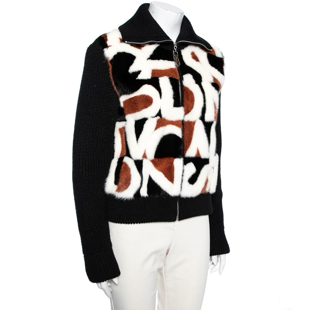 

Louis Vuitton Black & Intarsia Fur Knitted Zip Front Cardigan