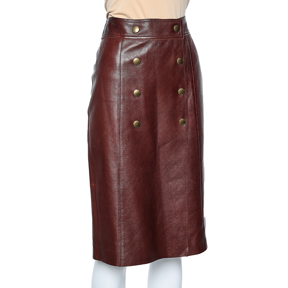 

Louis Vuitton Burgundy Leather Button Front Faux Wrap Skirt