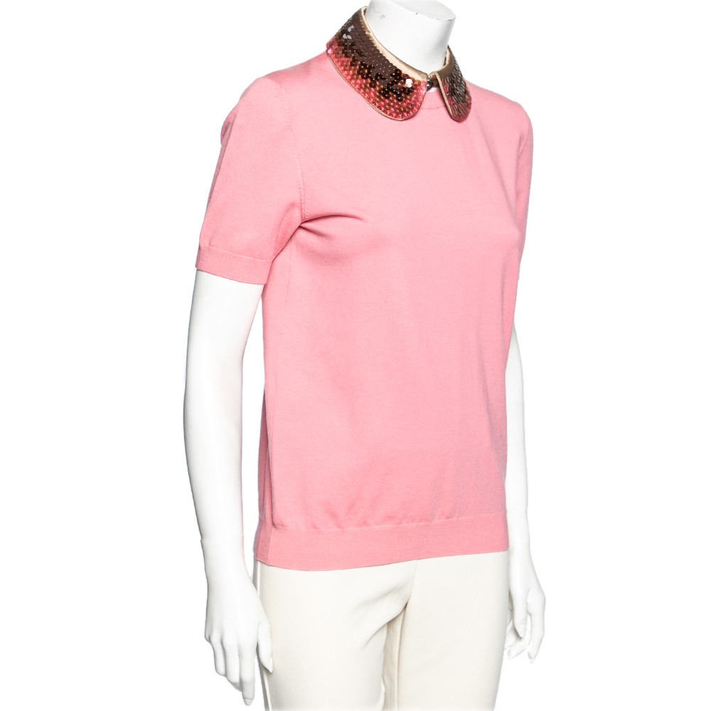 

Louis Vuitton Pink Wool Embellished Collar Detailed Top