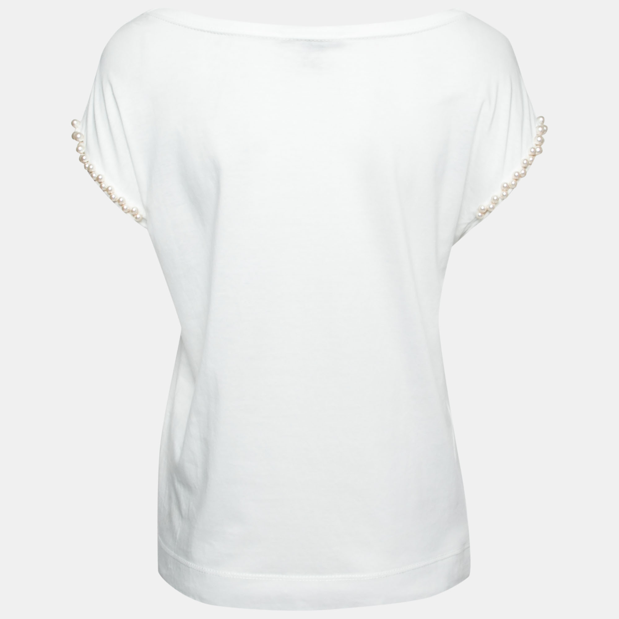 

Louis Vuitton White Cotton Pearl Embellished Short Sleeve Top