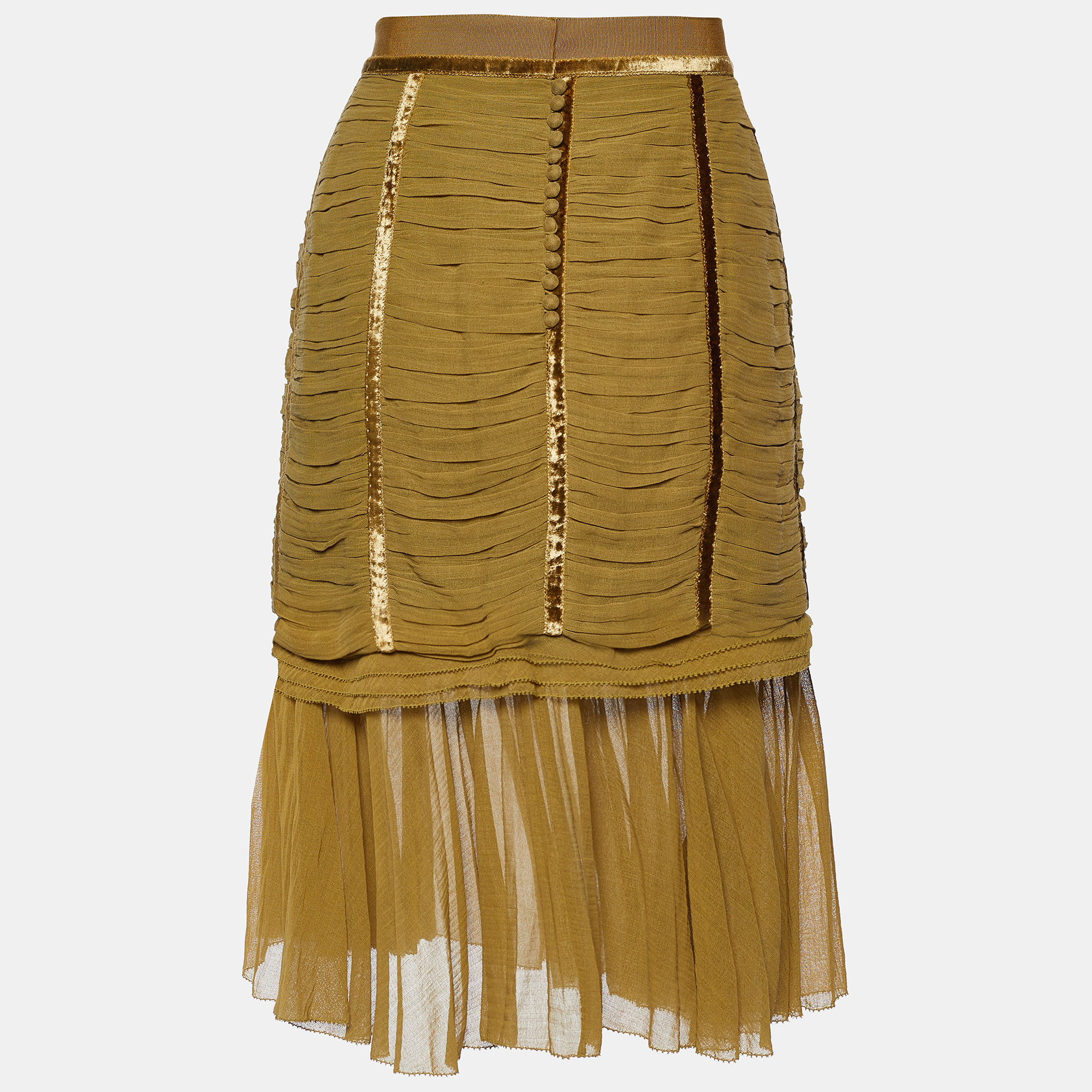 

Louis Vuitton Olive Green Cotton Ruched Knee Length Skirt