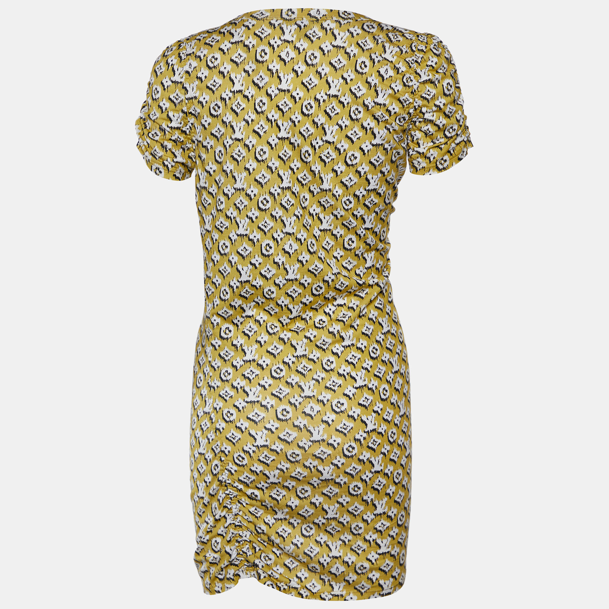 

Louis Vuitton Yellow Monogram Printed Cotton Knit Ruched Mini Dress