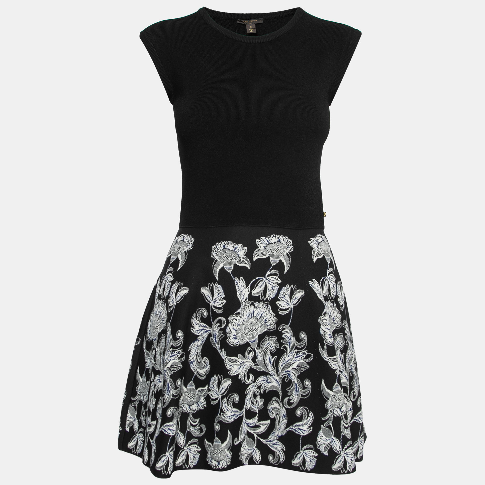Pre Owned Louis Vuitton Black Floral Patterned Knit Sleeveless Dress S