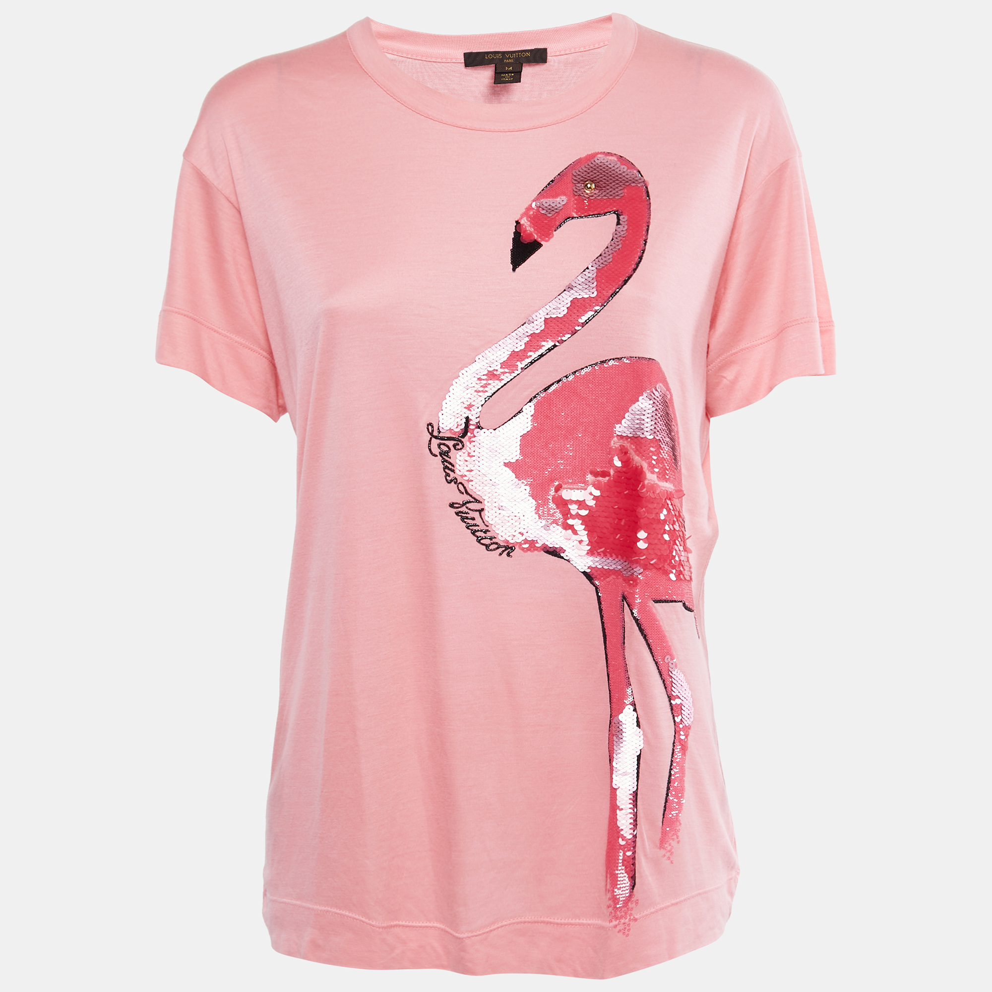 Louis Vuitton Pink Cotton Sequin Embellished Flamingo T Shirt M