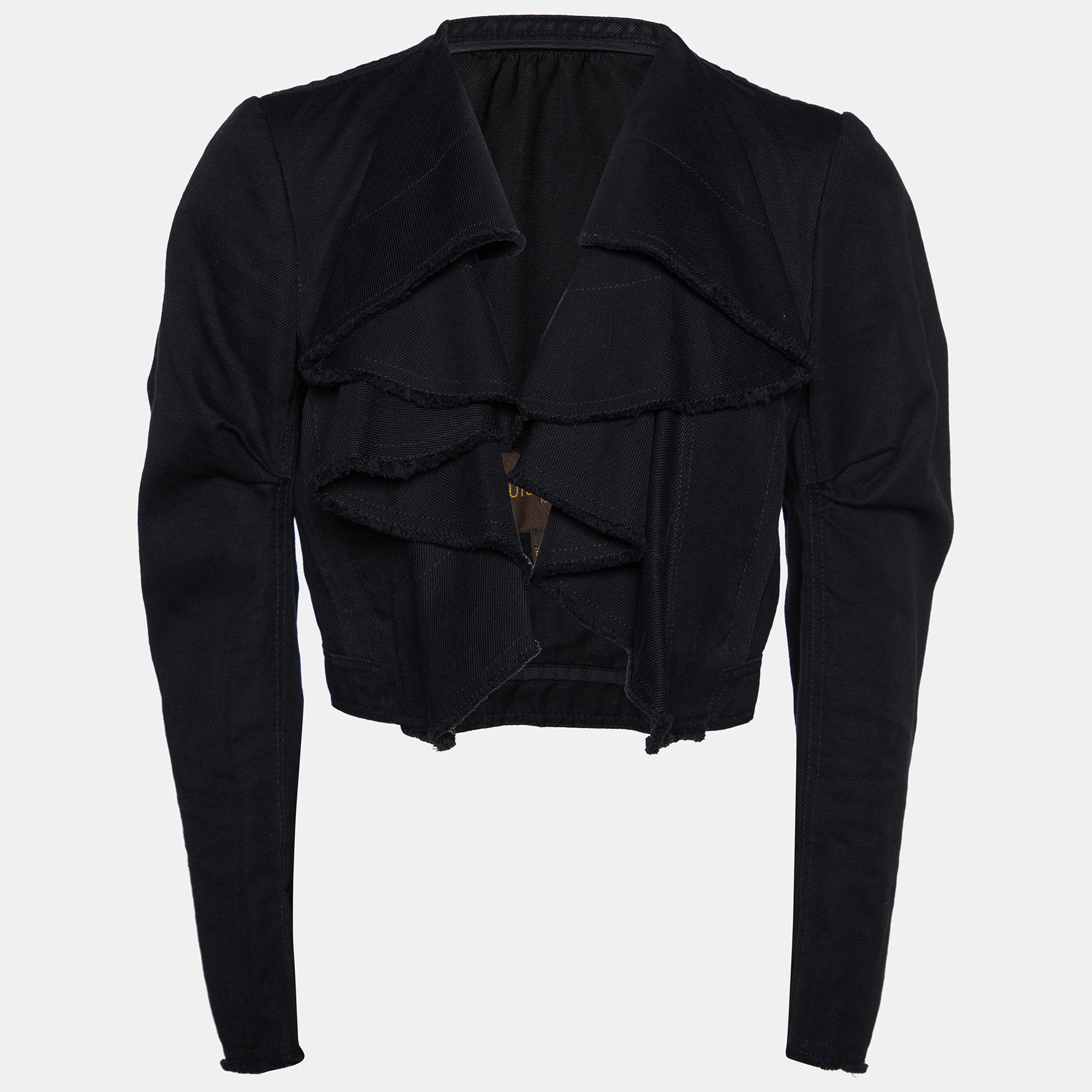 Pre-owned Louis Vuitton Black Denim Ruffled Crop Jacket M