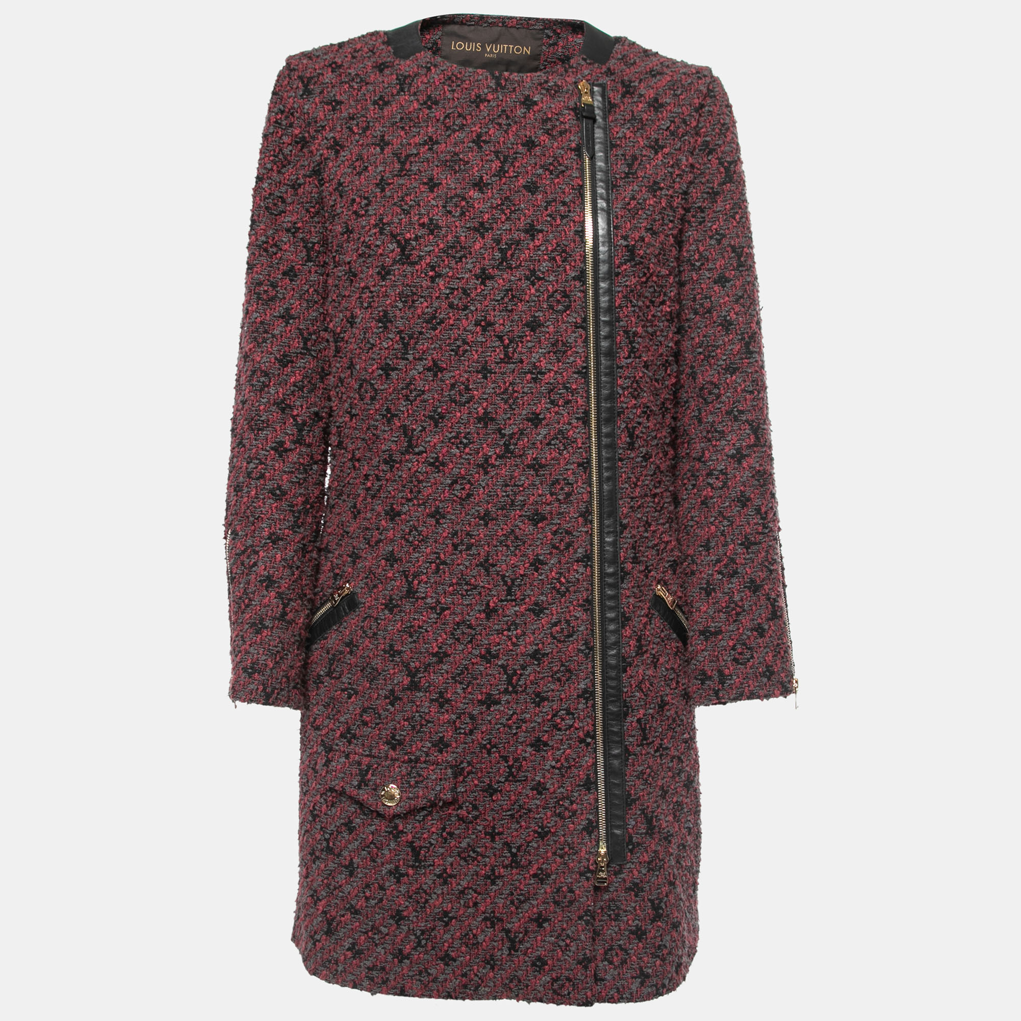 Pre-owned Louis Vuitton Bordeaux Tweed Zip Front Coat S In